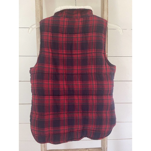 Skies Are Blue Sherpa Lined Plaid Vest Red Blue Pockets Snap Zip Size XS - Picture 2 of 8